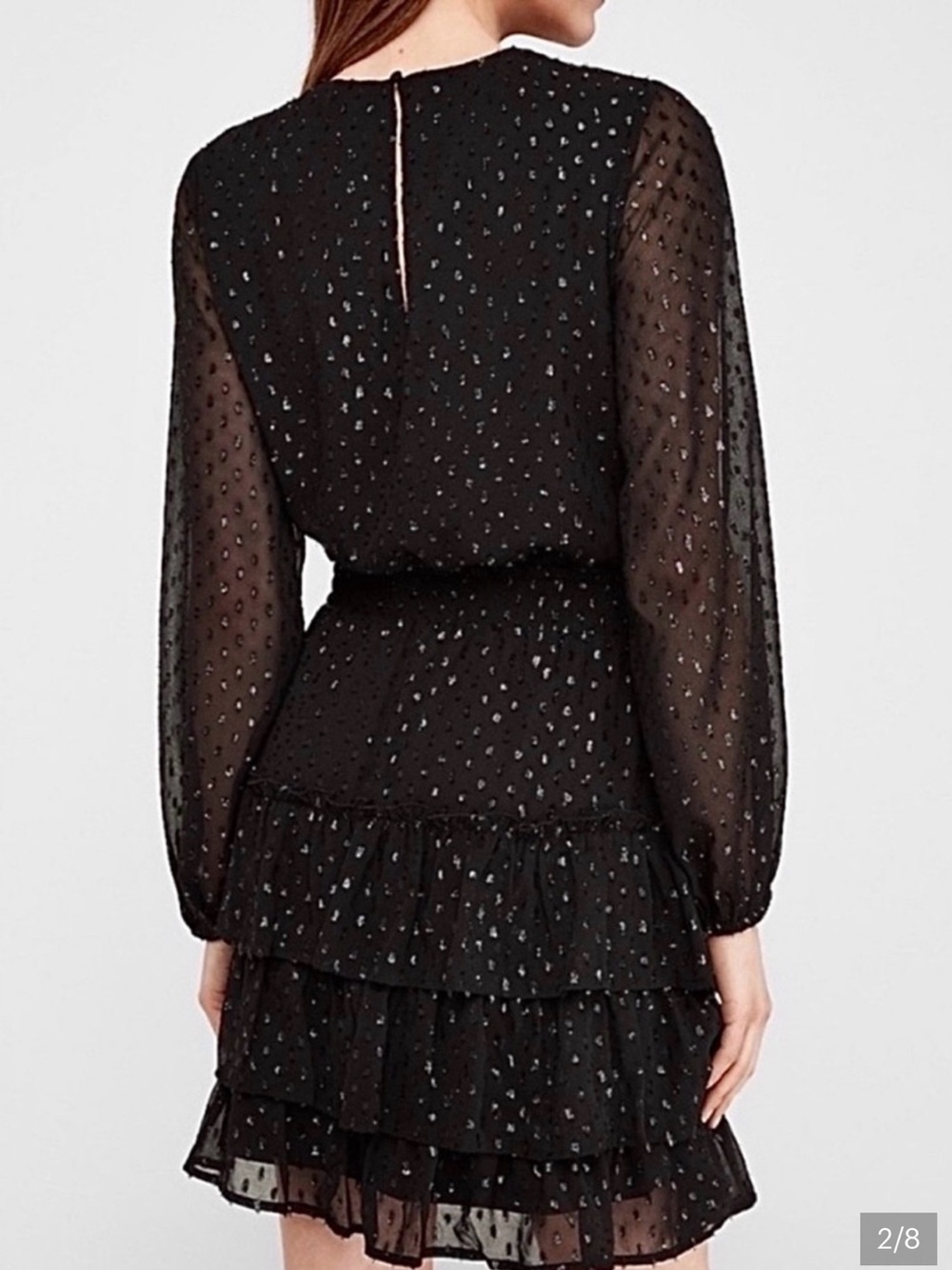 Express Black Long-Sleeve Tiered Mesh Dress with Metallic Dots - Picture 2 of 6